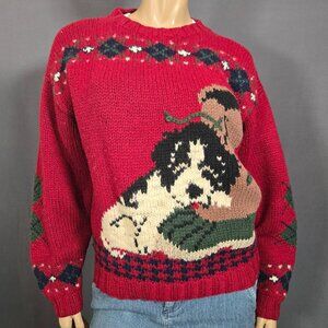 Vintage Woolrich Dog Puppy Wool Sweater Womens XL Red Novelty Crew Neck Pullover